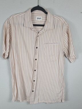 Pact Button Front Shirt Mens L Beige Striped Fair Organic Cotton Short Sleeve
